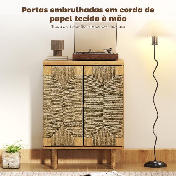 Aparador Boémio de 2 Portas com Corda Tecida à Mão Prateleira Ajustável Abertura por Pressão 60x40x78 cm Carvalho