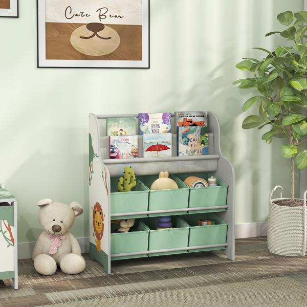 Estante Infantil para Brinquedos com 6 Caixas de Tecido Não Tecido Organizador de Brinquedos com 2 Prateleiras 63x30x71 cm Verde