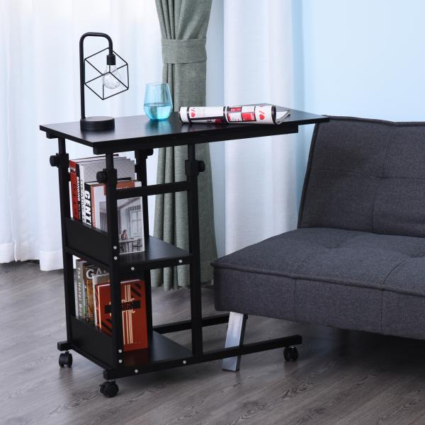 Mesa Lateral para Sofá Mesa lateral em Forma de C com 4 rodas Giratórias Freios Altura Ajustável 3 níveis Estrutura Metálica 80x40x72 - 82cm Preto