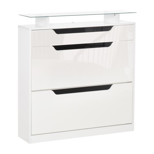 Sapateira Entrada Estreito Móvel para 16 pares de Sapatos com 2 Portas Gaveta Prateleira Aberta e Bancada de Vidro 89x23x96 cm Branco