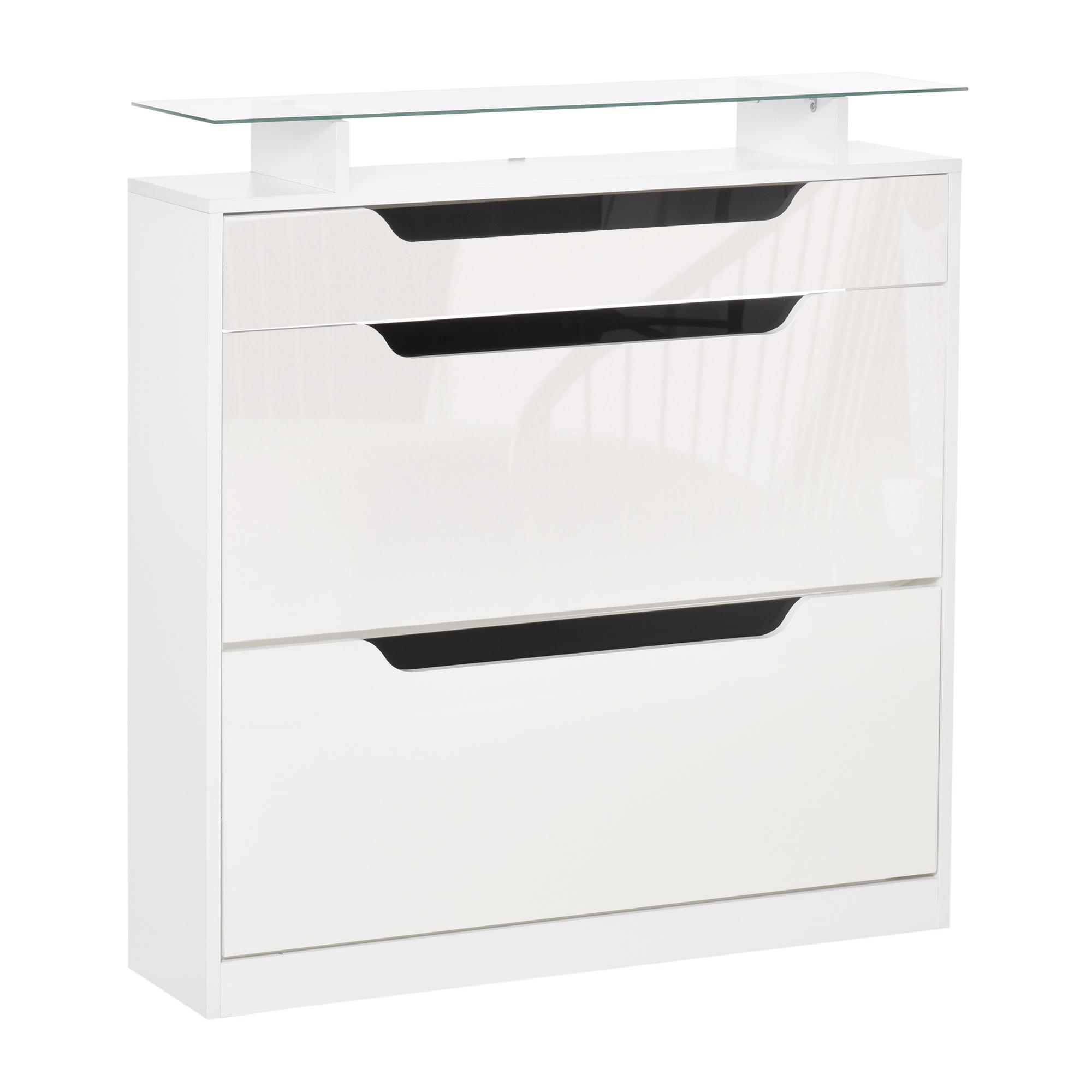 Sapateira Entrada Estreito Móvel para 16 pares de Sapatos com 2 Portas Gaveta Prateleira Aberta e Bancada de Vidro 89x23x96 cm Branco
