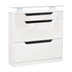 Sapateira Entrada Estreito Móvel para 16 pares de Sapatos com 2 Portas Gaveta Prateleira Aberta e Bancada de Vidro 89x23x96 cm Branco