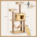 Arranhador para Gatos com Poste de Arranhar de Juta 2 Camas Rede Caverna Bola Suspensa Rede e Rampa 60x40x130 cm Madeira