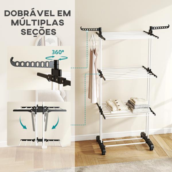 Estendal Dobrável para Roupa com Rodas Estendal Vertical de Aço com 3 Níveis Laterais Dobráveis 73x64x177cm Preto e Branco