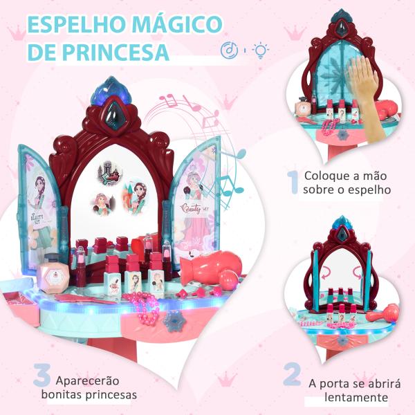 Toucador Infantil com Banco Espelho Luz Música e Secador Inclui 31 Acessórios Toucador de Maquilhagem 57x34x73cm Multicor