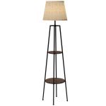 Candeeiro de Pé com 2 Prateleiras Soquete E27 40 W Abat - Jour Têxtil 42x42x166 cm Preto