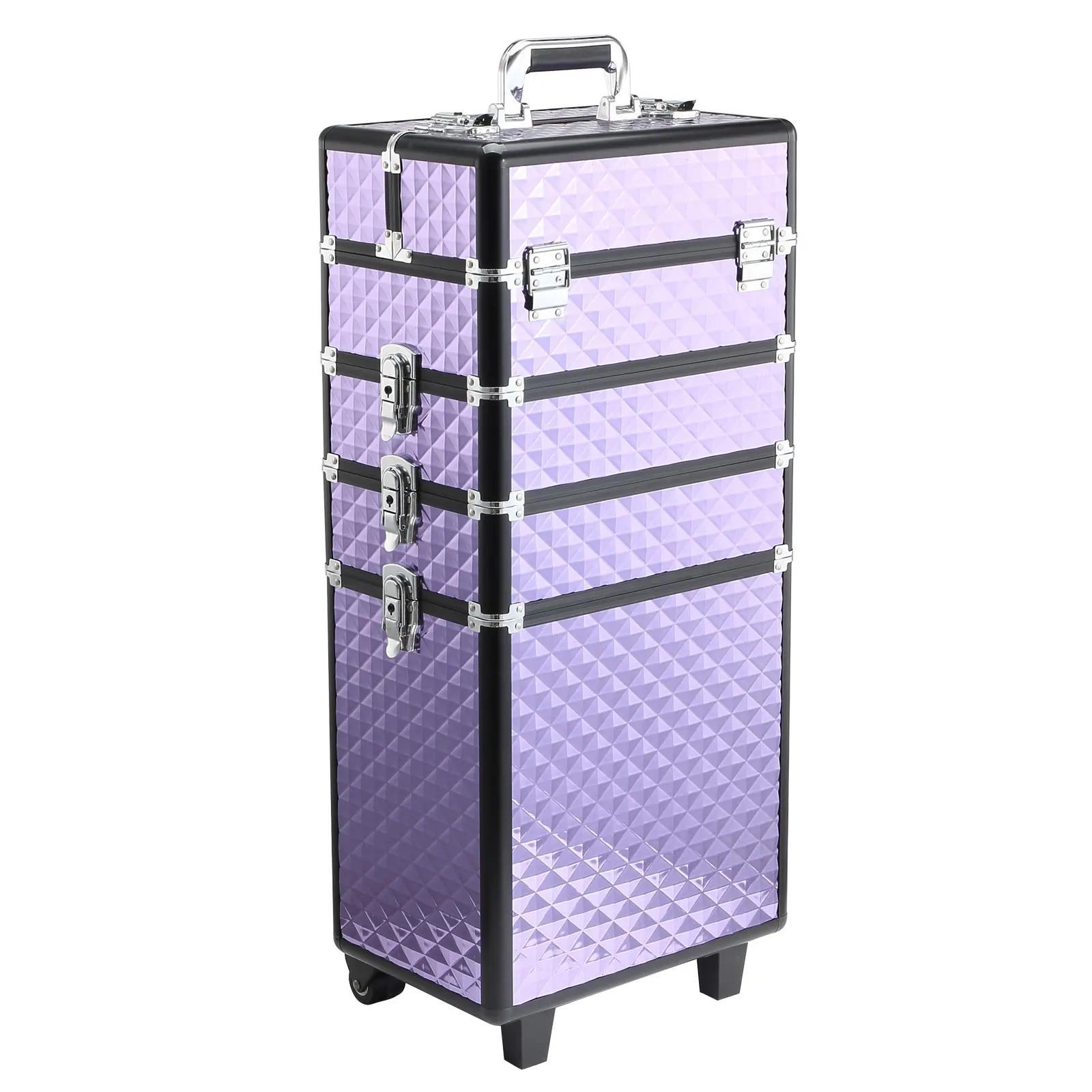 Mala de Maquilhagem Professional com Rodas Universais Diferentes Níveis e Alça Extensível 33,5x23x76 - 95,5 cm Roxo