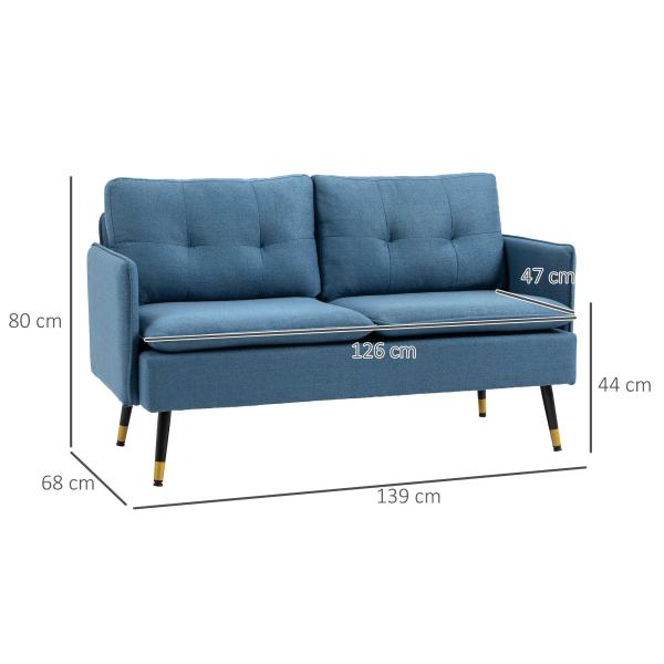 Sofá de 2 Lugares Moderno Estofado em Poliéster com 4 Almofadas Apoio para os Braços e Pés de Aço 139x68x80 cm Azul