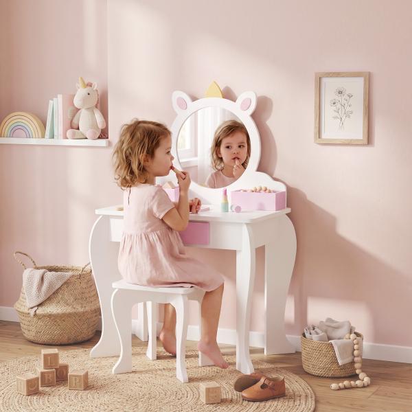 Toucador Infantil com Banco e Espelho Toucador de Maquilhagem com Gaveta Compartimentos Desenho de Unicórnio Branco
