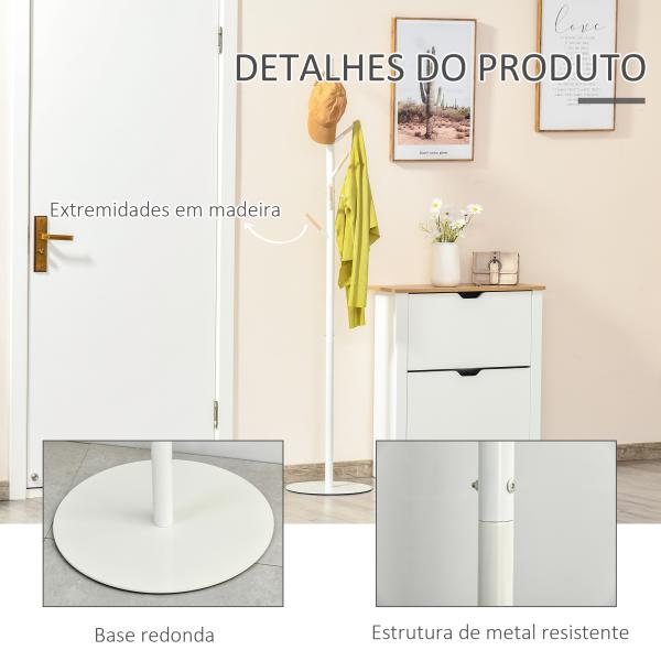 Cabide de Pé de Madeira com 6 Ganchos para Roupa Bolsas e Estrutura de Metal 35x35x174cm Branco e Madeira
