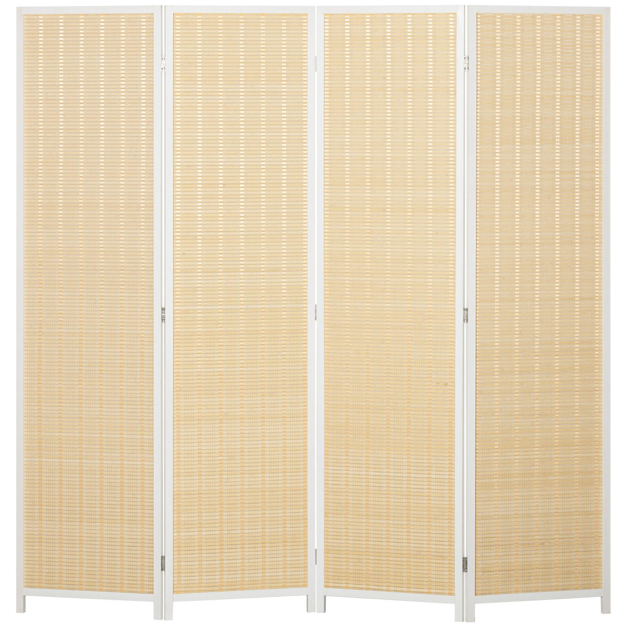Biombo de 4 Painéis Dobrável Separador de Ambientes Tecido a Mão de Bambu e Fio de Algodão 180x180 cm Branco