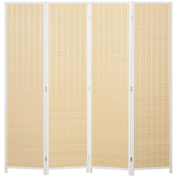 Biombo de 4 Painéis Dobrável Separador de Ambientes Tecido a Mão de Bambu e Fio de Algodão 180x180 cm Branco