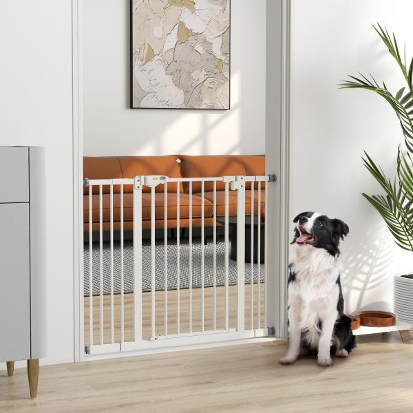 Barreira de Segurança para Cães 74 - 100 cm com Extensões, Montagem por Pressão e Duplo Bloqueio, Branco