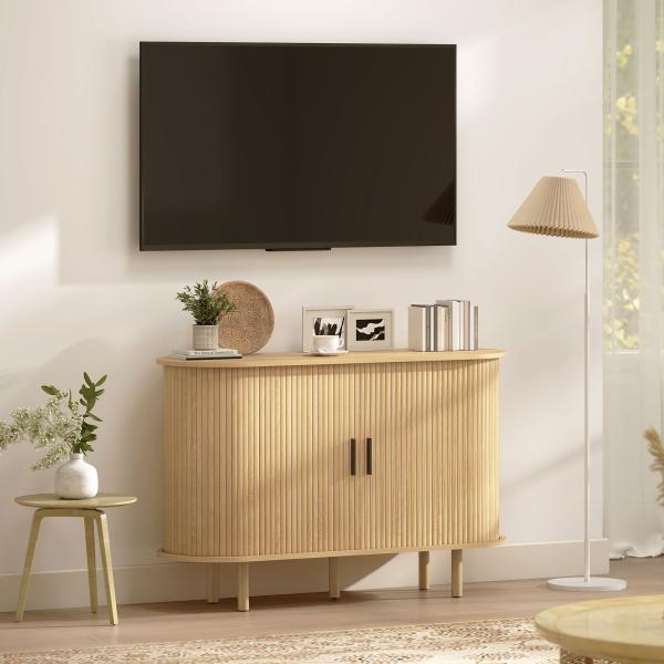 Aparador com Portas Tambor Deslizantes Design Moderno para Sala de Estar com 4 Compartimentos e Pés de Madeira 120x40x78 cm Carvalho