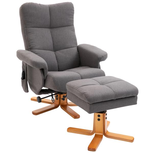 Poltrona Relax Reclinável com Apoio de Pés, 10 Pontos de Massagem, Giratória, Comando à Distância, Bolso Lateral, Cinzento