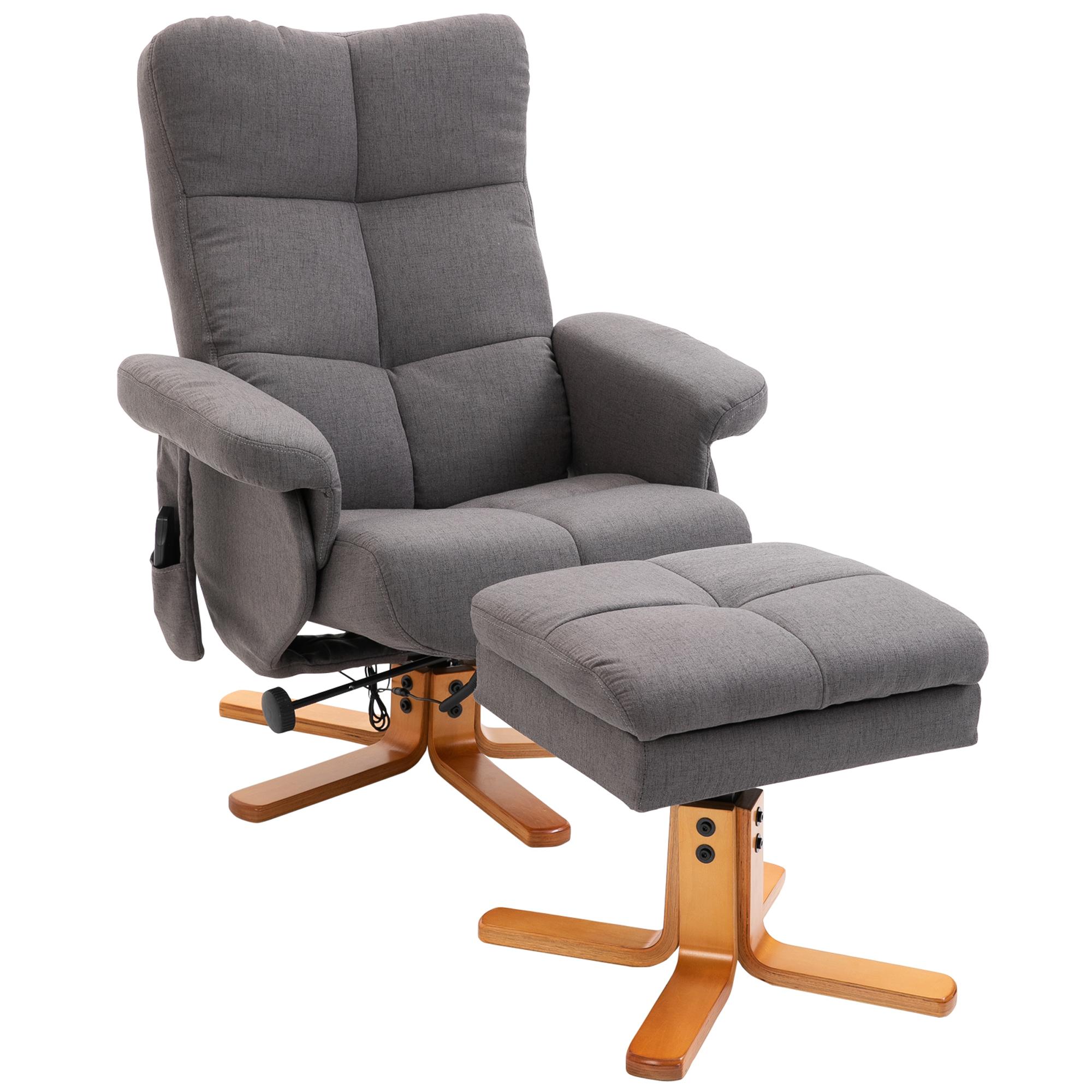 Poltrona Relax Reclinável com Apoio de Pés, 10 Pontos de Massagem, Giratória, Comando à Distância, Bolso Lateral, Cinzento