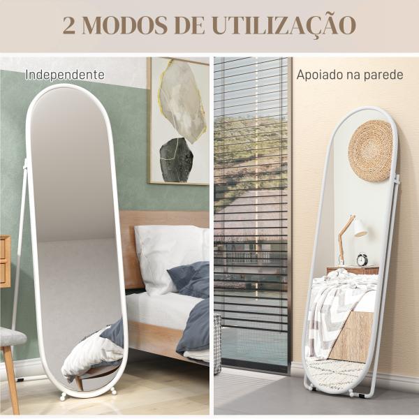 Espelho de Pé Oval 160x40 cm Espelho de Corpo Inteiro com Moldura Metálica Suporte e 2 Formas de Utilização Branco