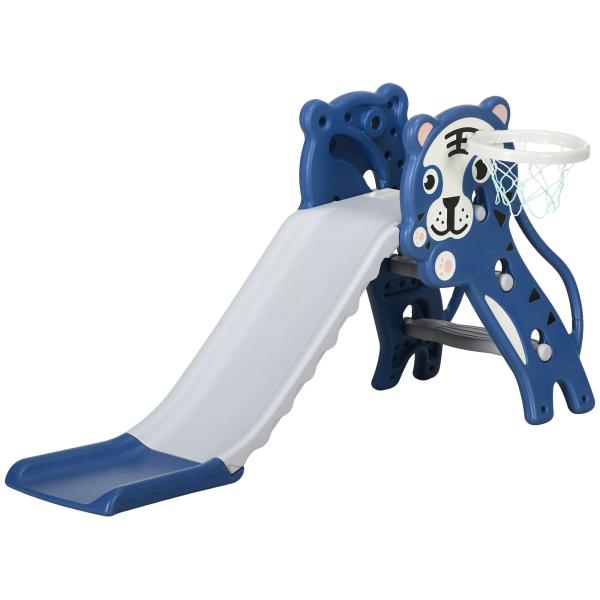 Escorrega para Crianças 2 em 1 com 2 Degraus Cesta de Basquetebol e Desenho de Tigre para Interior 133x60x70 cm Azul