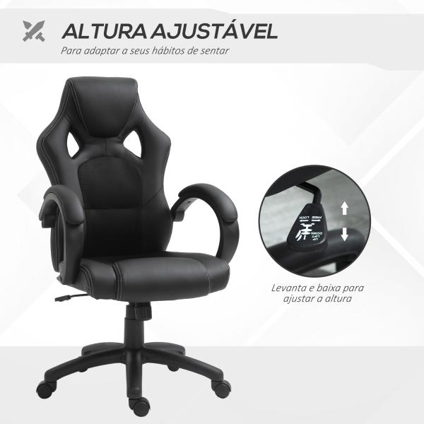 Cadeira de Escritório Ergonómica Cadeira de Escritório Giratória com Altura Ajustável Encosto Alto Estofado em Couro PU e Malha Transpirável 71x61x108 - 118cm Preto