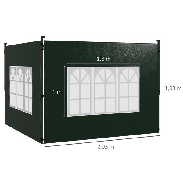 Conjunto de 2 Paredes Laterais para Tendas de 3x3m e 3x6m Paredes Laterais com Janelas Transparentes 293x193cm Verde Escuro