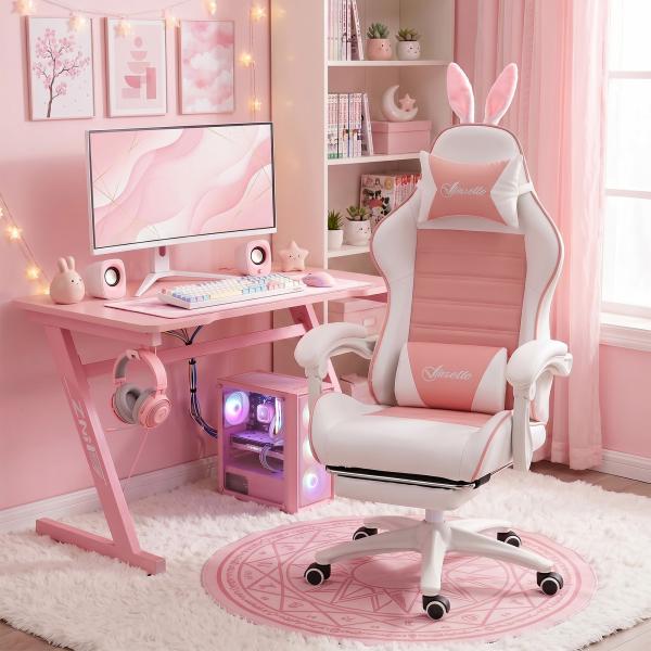 Cadeira Gaming Giratória de Couro PU com Altura Ajustável Inclinável 135° Apoio para a Cabeça 65x63x136 - 142 cm Rosa e Preto
