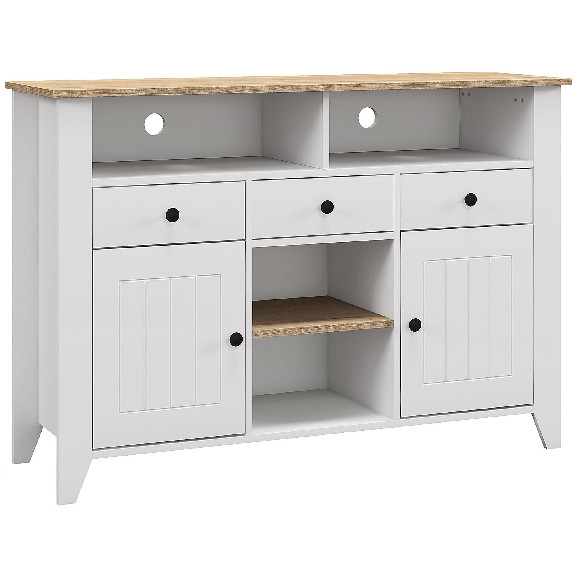 Aparador de Cozinha com 3 Gavetas 2 Armários 2 Prateleiras Abertas e 2 Prateleiras Ajustáveis Estilo Moderno 120x38x81,5 cm Branco