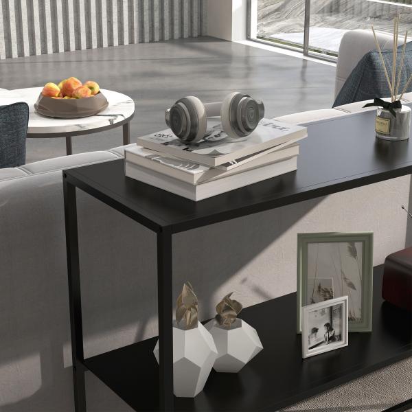 Mesa Consola Estilo Industrial Mesa de Entrada com Prateleira Estrutura de Aço e Desenho Anti - Tombo 90x30x75 cm Preto