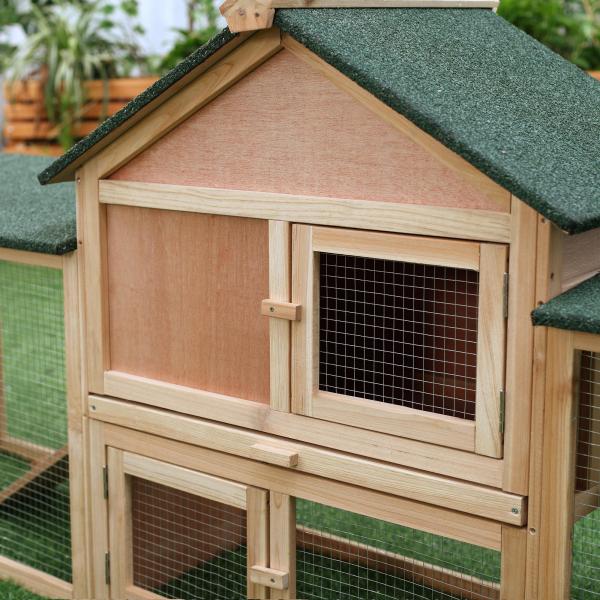 Coelheira de Exterior Grande Gaiola de Madeira para 2 - 4 Coelhos com Teto Asfáltico Recinto de Arame Bandeja Removível e Rampas 210x45,5x84,5 cm Natural