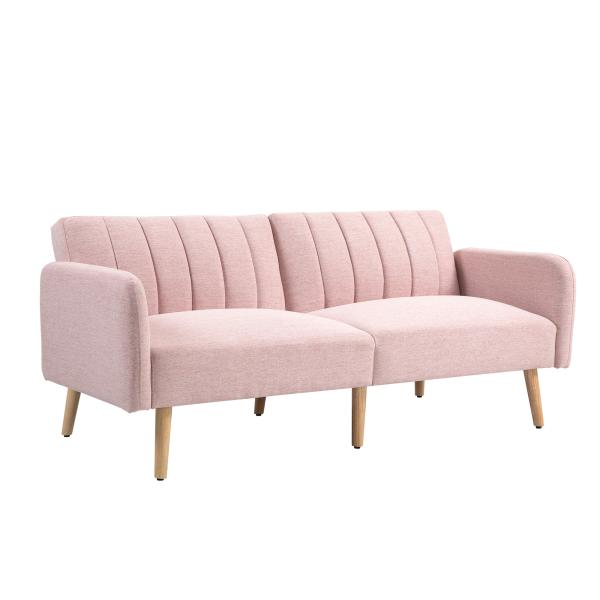 Sofá Cama de 2 Lugares com Encosto Ajustável em 3 Posições Apoio para os Braços e Pés de Madeira 173x75x73 cm Rosa
