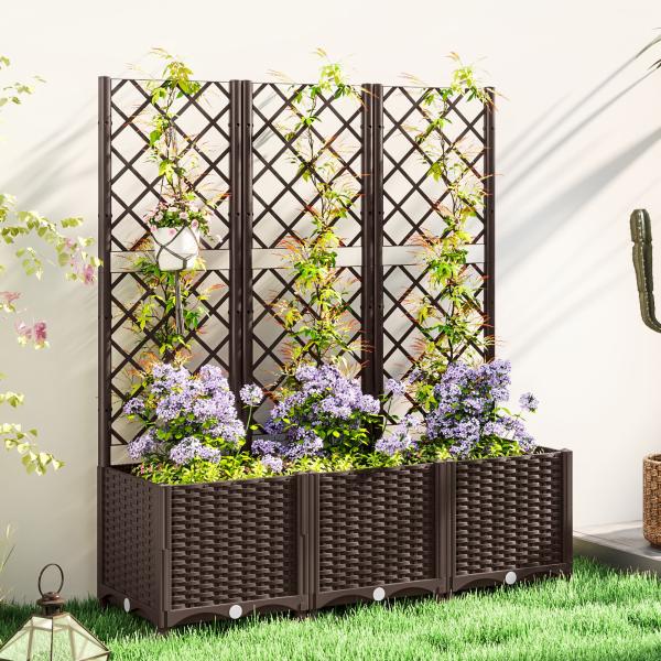 Floreira com Treliça de PP com Drenagem e Amplo Espaço para Plantas Trepadoras Vaso com Suporte para Jardim 120x40x135 cm Marrom
