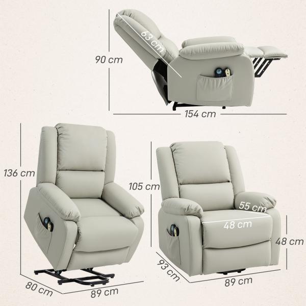 Poltrona Relax Levanta Pessoas com 8 Pontos de Massagem Reclinável com Função de Aquecimento 89x93x105 cm Cinzento Claro