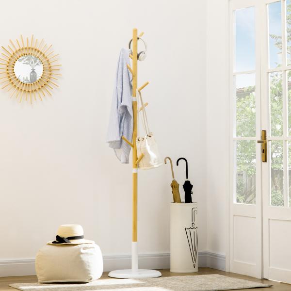 Cabide de Pé de Bambu Moderno com 8 Ganchos para Roupas Bolsas Ø37,8x175,6 cm Madeira e Branco
