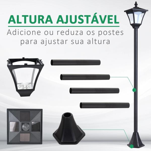 Candeeiro Solar de Jardim com Proteção IP44 Luzes LED para Exterior Pátio Varanda 15x15x120 cm Preto