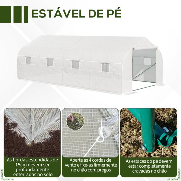 Estufa Tipo Túnel de Jardim 600x300x200cm para Cultivo de Plantas Verduras com 8 Janelas e Porta Enroláveis com Zíper Aço Branco