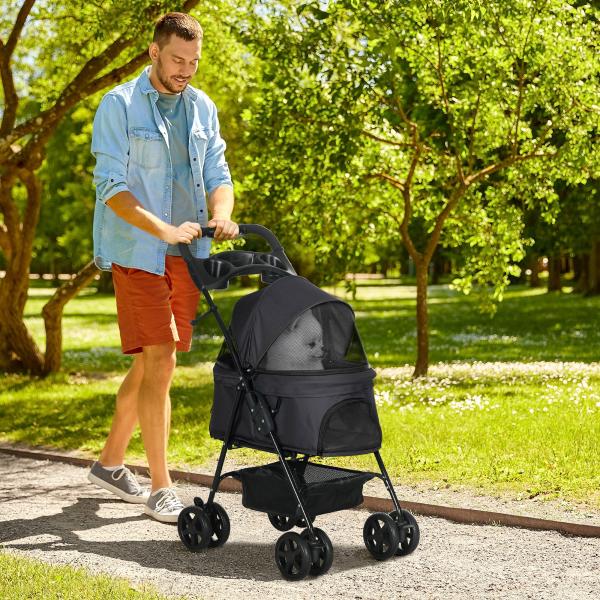 Carrinho para Cães Dobrável com Rodas Universáis Cesta de Armazenamento Correias de Segurança e Janelas 67x45x96 cm Preto