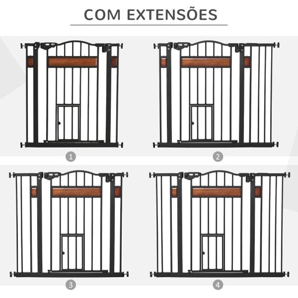 Barreira de Segurança para Cães Extensível para Portas Escadas 74 - 105cm com 2 Extensões de 10 e 15cm com 2 Portas e Fechadura Automática Aço Preto