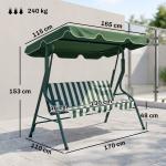 Baloiço de Jardim de 2 - 3 Lugares com Almofada Toldo Ajustável Terraço Patio Capacidade 240kg 170x110x153cm Verde e Branco