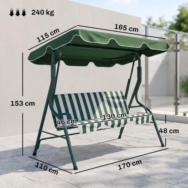 Baloiço de Jardim de 2 - 3 Lugares com Almofada Toldo Ajustável Terraço Patio Capacidade 240kg 170x110x153cm Verde e Branco