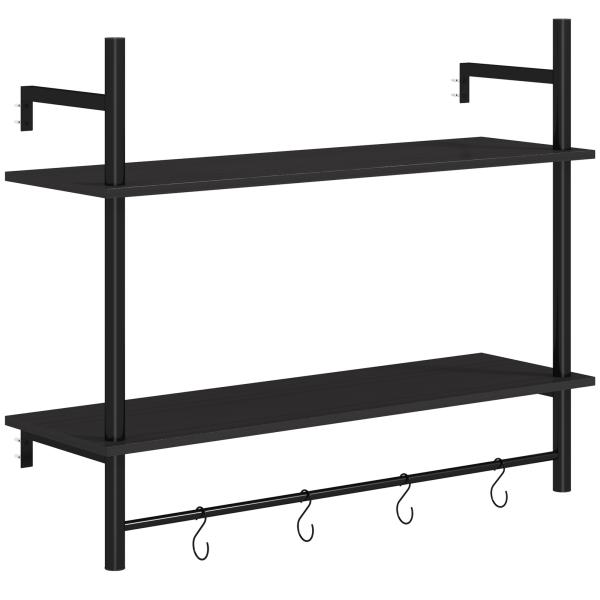 Estante de Parede de 2 Níveis Estante Suspensa com 4 Ganchos 2 Prateleiras e Estrutura de Metal 80x24x65 cm Preto