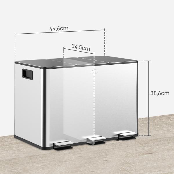 Balde de Lixo de Cozinha com 3 Compartimentos 3x10L com Pedais Tampas com Fechamento Suave e Cubo Amovível Prata