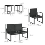 Conjunto Móveis de Jardim de Vime Sintético com 2 Poltronas Individuais 1 Sofá Duplo e 2 Mesas de Centro Preto