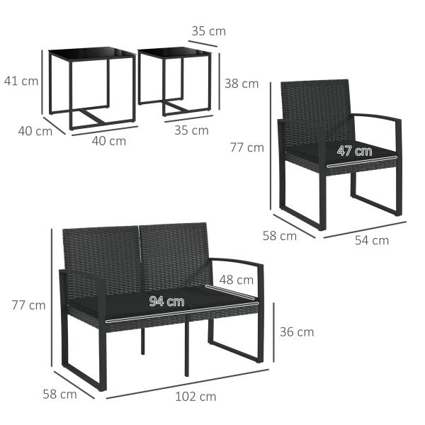 Conjunto Móveis de Jardim de Vime Sintético com 2 Poltronas Individuais 1 Sofá Duplo e 2 Mesas de Centro Preto