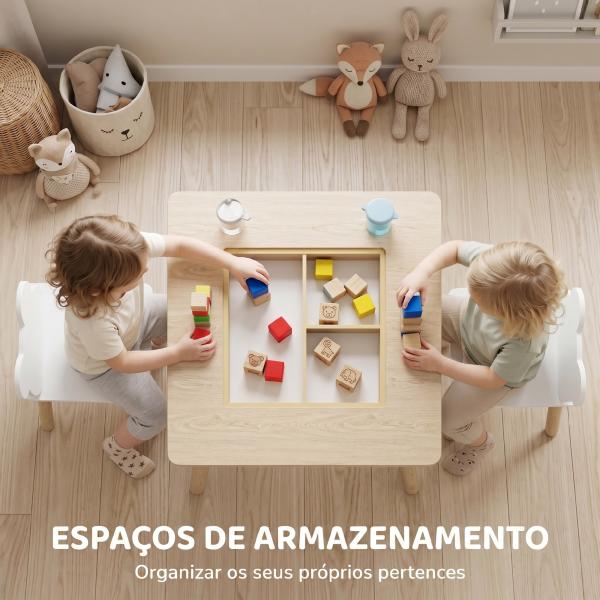 Conjunto de Mesa e 2 Cadeiras com Encosto em Forma de Ursinho e Compartimentos Ocultos Madeira e Branco