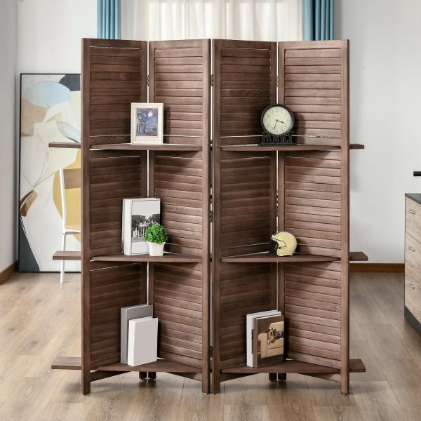 Biombo Dobrável de 4 Painéis de Madeira 162x170 cm Divisória de Ambiente com 3 Prateleiras Nogueira