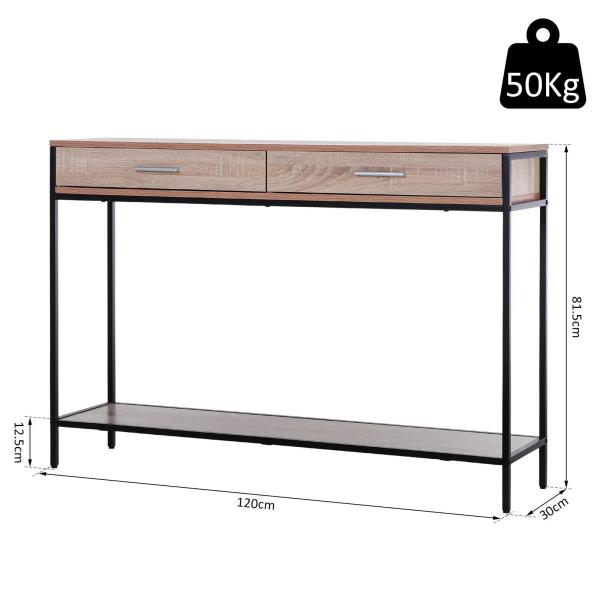 Mesa Tipo Consola de Estilo Industrial com 2 Gavetas e Prateleira Inferior 120x30x81,5cm Carvalho e Preto