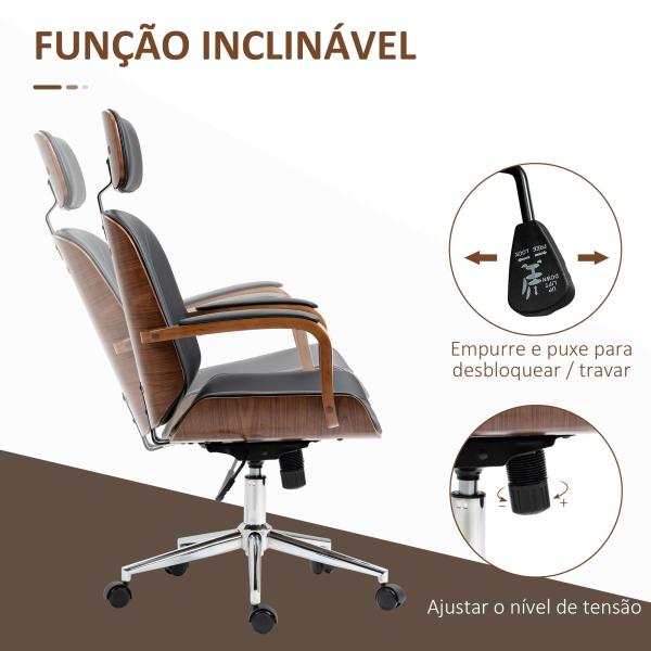 Cadeira de Escritório Operativa de Couro PU com Apoio para a Cabeça Amovível Altura Ajustável 63x62x110 - 120cm Preto e Madeira