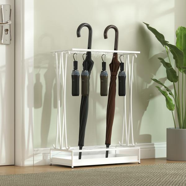Suporte para Guarda - Chuva Moderno Retangular com 24 Ganchos 21 Espaços e Bandeja Recolhedora de Gotas 50x24x68 cm Branco