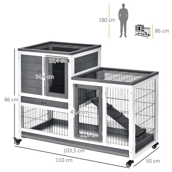 Coelheira de Madeira Interior com Rodas Gaiola para Coelhos Animais Pequenos de 2 Pisos com Zona Aberta Rampa e 2 Bandejas Removíveis 110x50x86cm Cinza