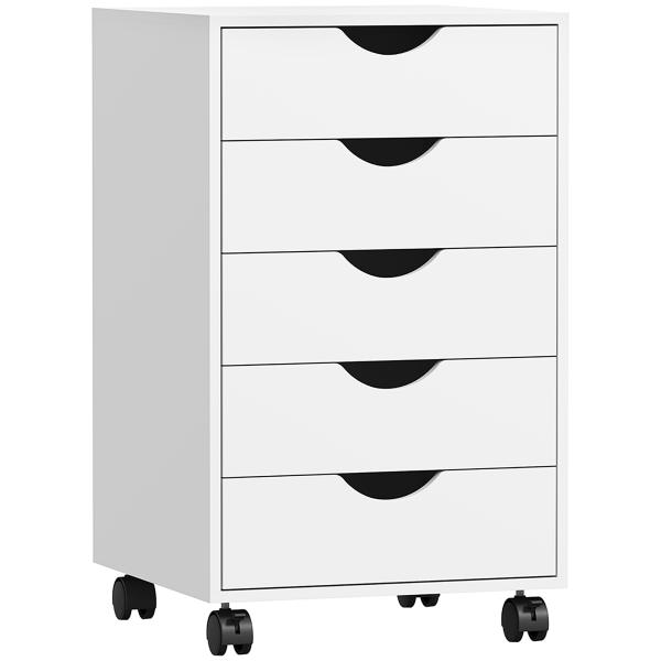 Bloco de Gavetas com 5 Gavetas e Rodas para Escritório 40x40x67 cm Branco