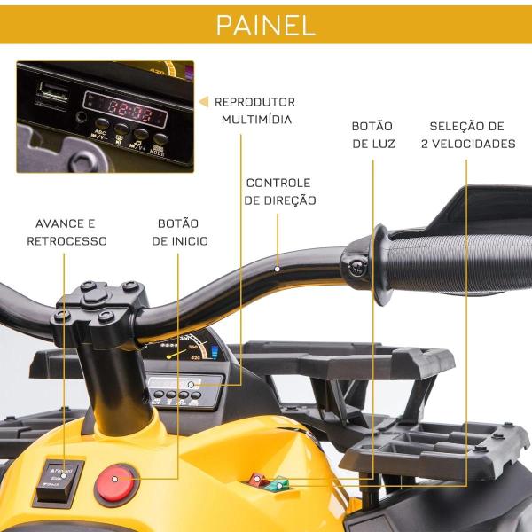 Quadriciclo Elétrico 12V com Farol Música Pneus Suspensão Botões Avance Retrocesso 3 - 5 Anos Amarelo 100x65x73cm